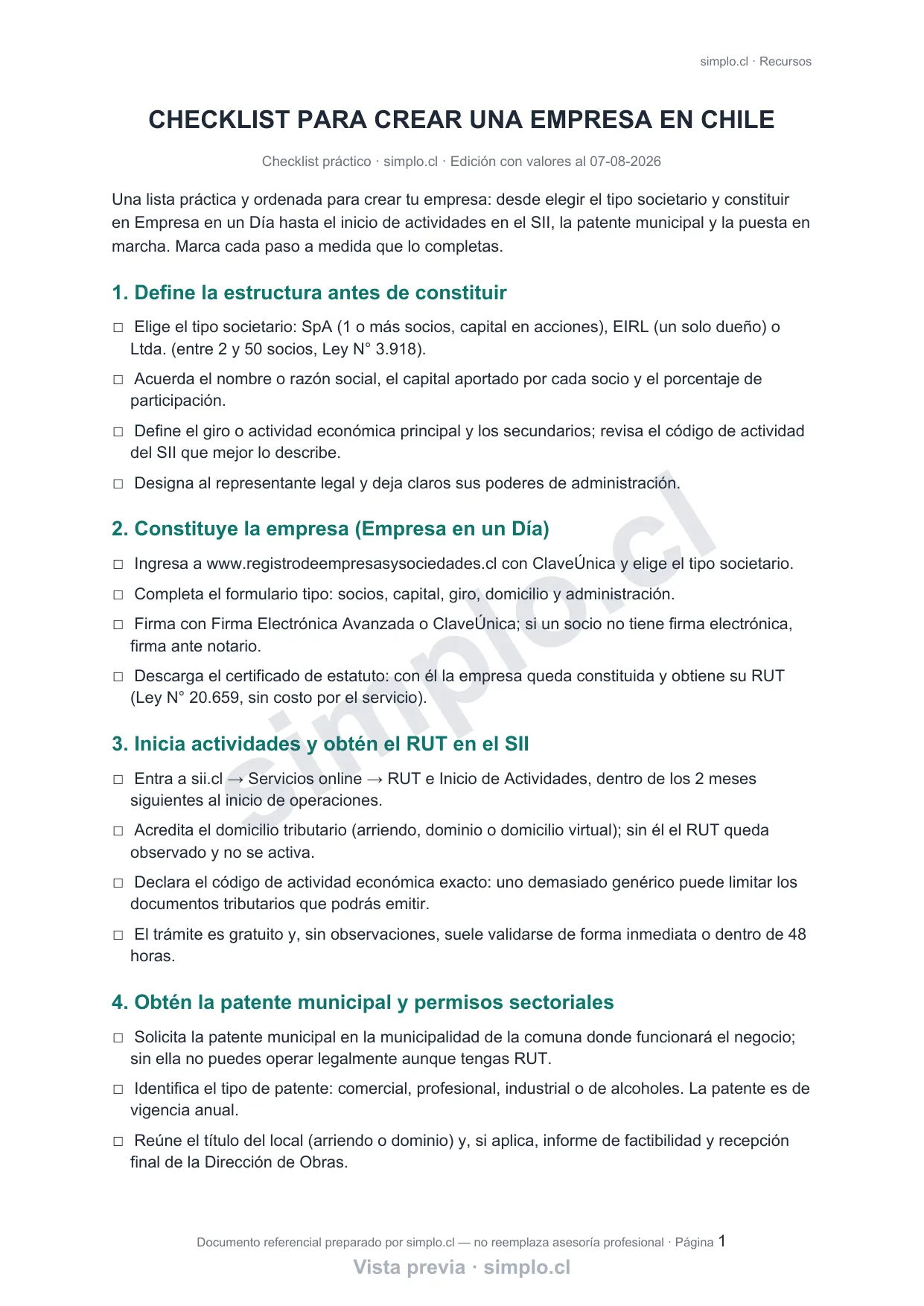 Página 1 de el checklist: Checklist para crear una empresa en Chile (vista previa con marca de agua)