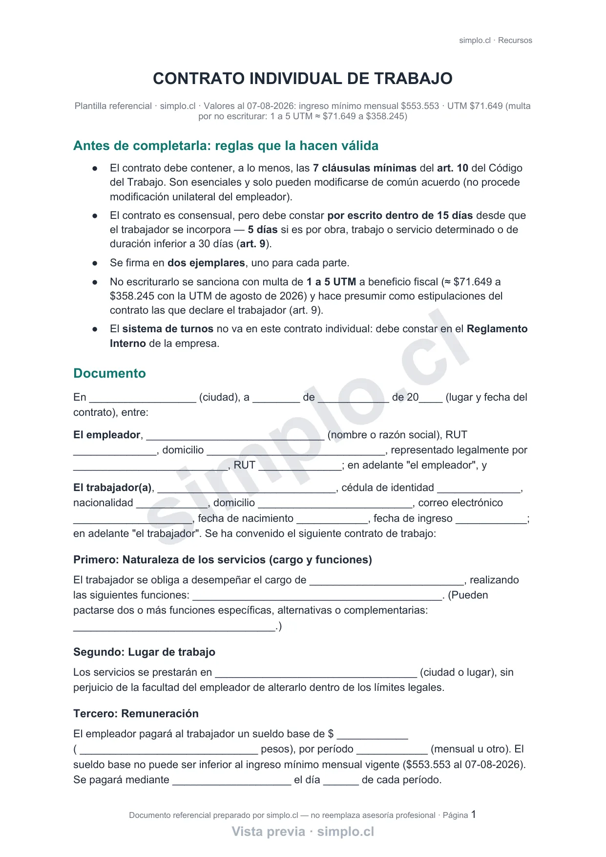 Página 1 de la plantilla: Contrato individual de trabajo (vista previa con marca de agua)