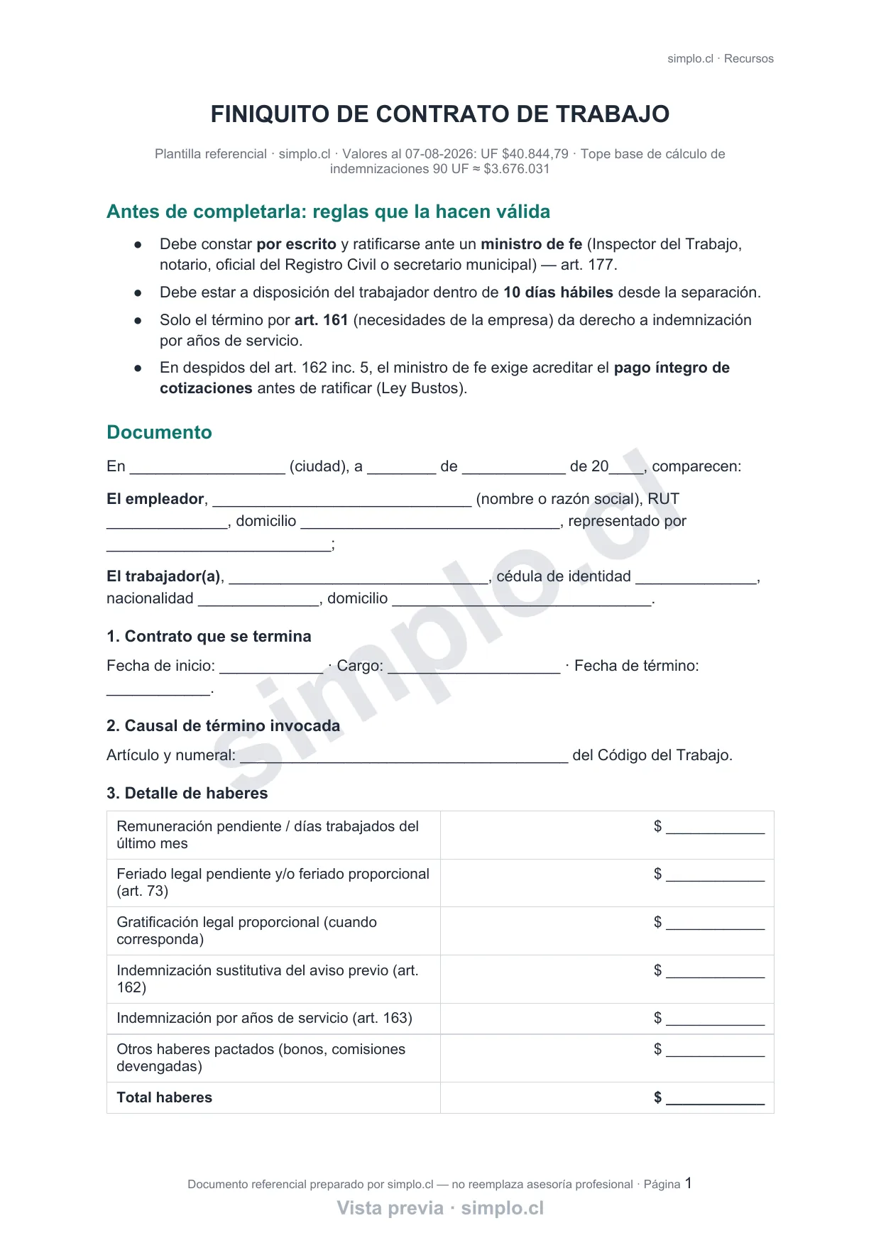 Página 1 de la plantilla: Finiquito de contrato de trabajo (vista previa con marca de agua)